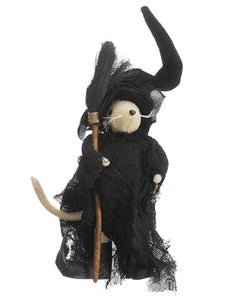 12" Halloween Mouse With Broom  Black Brown (pack of 4)