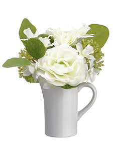 8" Ranunculus/Narcissus/Sedum in Ceramic Pitcher White Green (pack of 6)