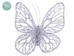 5.5" Glittered/Beaded Butterfly with Clip Silver (pack of 12)