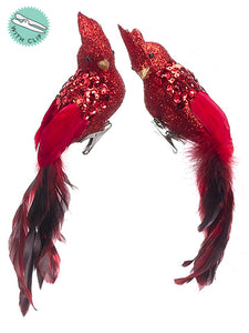 10" Glittered Feather Bird With Clip (2 Ea/set) Red (pack of 6)