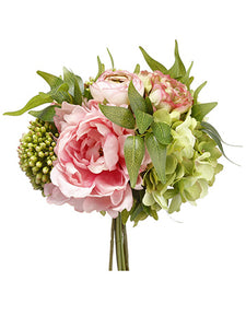 13" Peony/Hydrangea/ Sedum Bouquet Green Pink (pack of 6)