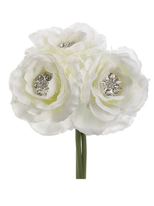 7.5" Rose w/Rhinestone Bouquet  White (pack of 12)