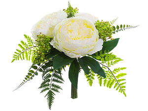 14" Peony/Fern Bouquet  White Green (pack of 6)