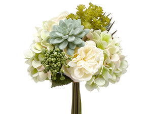 12" Rose/Hydrangea/ Succulent Garden Bouquet Green White (pack of 6)