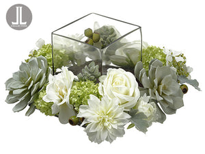 8"Hx14"Wx14"L Rose/Dahlia /Snowball Centerpiece With Glass Candleholder White Green (pack of 1)