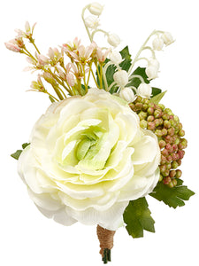 7" Ranunculus/Lily of The Valley Corsage Cream Green (pack of 24)