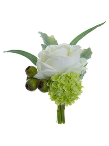 10" Rose/Snowball Boutonniere  White Green (pack of 12)