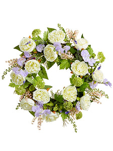 24" Peony/Sweetpea/Bells of Ireland Wreath White Lavender (pack of 4)