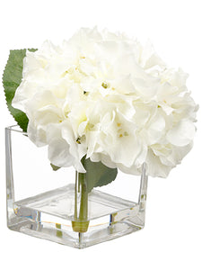 8" Hydrangea in Glass Vase  White (pack of 4)