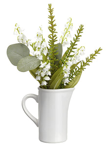 12" Lily of The Valley/ Eucalyptus in Ceramic Pitcher White Green (pack of 6)