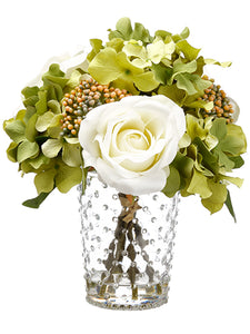 10" Rose/Hydrangea in Glass Vase White Green (pack of 6)