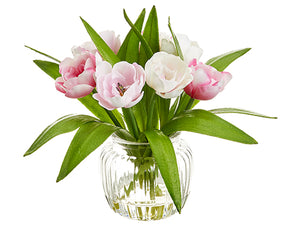 9" Tulip in Glass Vase  Pink White (pack of 6)