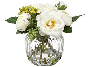 6" Ranunculus/Rose in Glass Vase White Green (pack of 6)