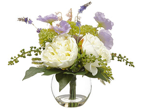 8" Peony/Sweetpea/Bells of Ireland in Glass Vase White Lavender (pack of 6)