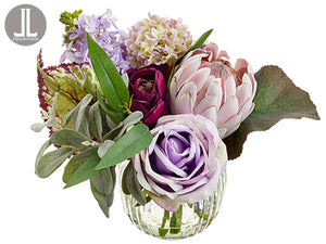 8.5" Rose/Protea/Lilac in Glass Vase Pink Lavender (pack of 4)