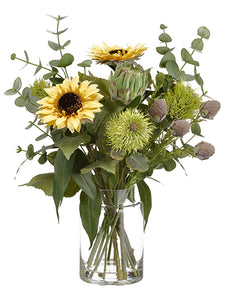 23" Sunflower/Protea/ Eucalyptus in Glass Vase Yellow Green (pack of 1)