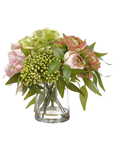 10.5" Ranunculus/Peony/ Hydrangea in Glass Vase Pink Green (pack of 1)