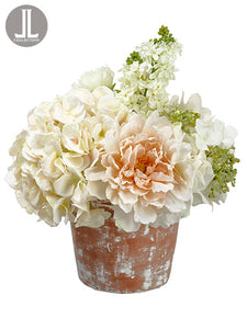 12" Rose/Peony/Snowball in Clay Pot Cream Blush (pack of 2)