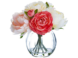 8.5" Peony/Ranunculus in Glass Vase Coral Blush (pack of 6)