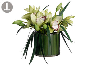 9.5" Cymbidium Orchid/Pond Reed in Glass Vase Green (pack of 1)