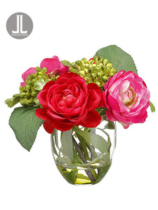 7" Ranunculus/Sedum in Glass Vase Boysenberry Pink (pack of 6)