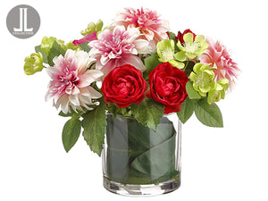 13" Ranunculus/Dahlia in Glass Vase Boysenberry Pink (pack of 2)