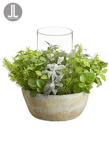15" Herb Garden Centerpiece in Clay Pot With Glass Candleholder Green Gray (pack of 1)