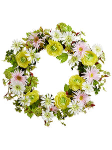 22" Ranunculus/Daisy/ Snowball Wreath Yellow Pink (pack of 4)