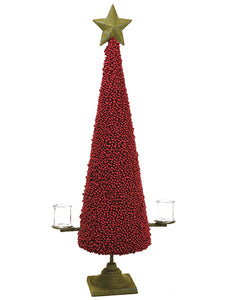 48" Berry Star Cone Topiary With Glass Candleholder x2 Red Green (pack of 2)