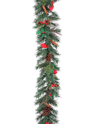 6' Pine Cardinal/Holly/ Cinnamon Garland Red Green (pack of 3)