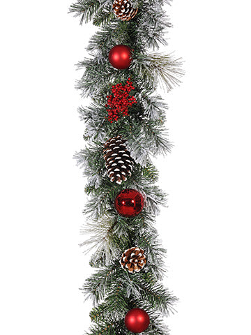 6' Snowed Pine With Cone/Ball /Berry Garland Red Snow (pack of 2)