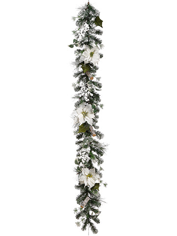 6' Snowed Poinsettia/Holly/ Berry/Pine Garland White Green (pack of 2)