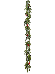 6' Outdoor Bay Leaf Garland w/Plastic Berry Green Red (pack of 4)