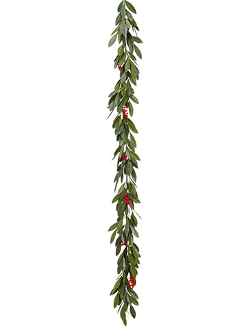 6' Outdoor Bay Leaf Garland w/Plastic Berry Green Red (pack of 4)