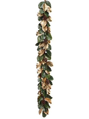 6' Magnola Leaf Garland With Cone Green Gold (pack of 2)