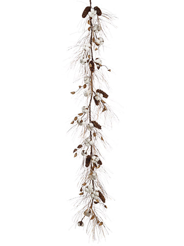 6' Faux Cotton Ball/Cone/Long Needle Pine Garland Brown White (pack of 4)