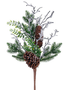 18" Iced Pine Cone/Twig/Pine Pick Green Brown (pack of 12)