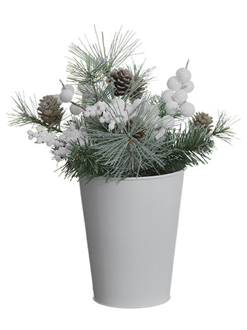Glittered Berry/Cone/Pine Arrangement in Tin Pot White Gray (pack of 6)