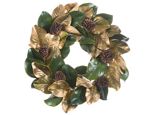 23" Magnola Leaf Wreath With Cone Green Gold (pack of 2)