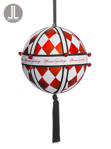 8" Season's Greetings Harlequin Ball Ornament With Bell Red (pack of 2)